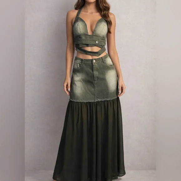 Fashion Nova Olive Green Denim Cutout Halter Top & Maxi Skirt Set Y2K Medium - Picture 1 of 5